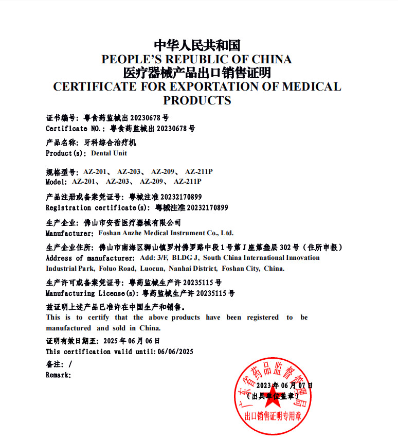 China Foshan Anzhe Medical Instrument Co., Ltd. Certification